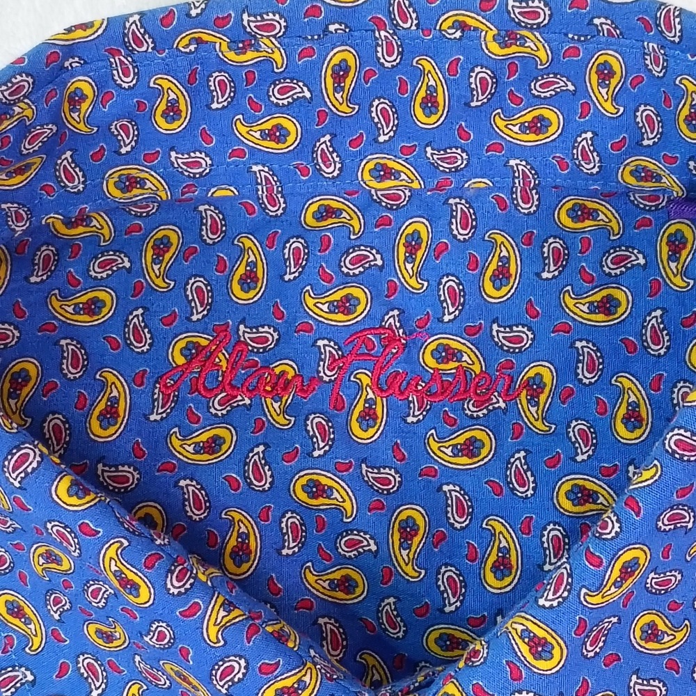 Alan Flusser Mens XL Blue Paisley Cotton Long Sleeve Button Down Shirt - Picture 4 of 11